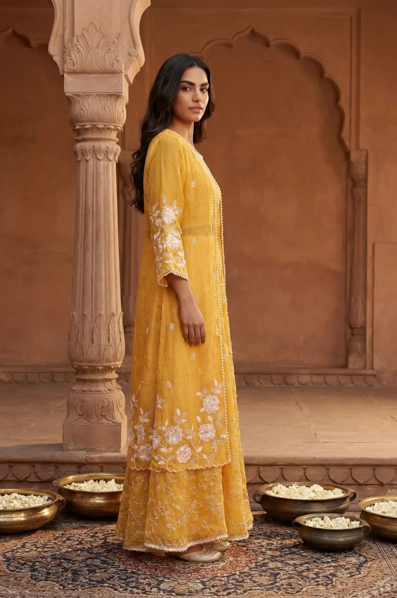Aurelia Yellow Embroidered Georgette Crop Top with Sharara and Jacket Set - XXL / White image 5
