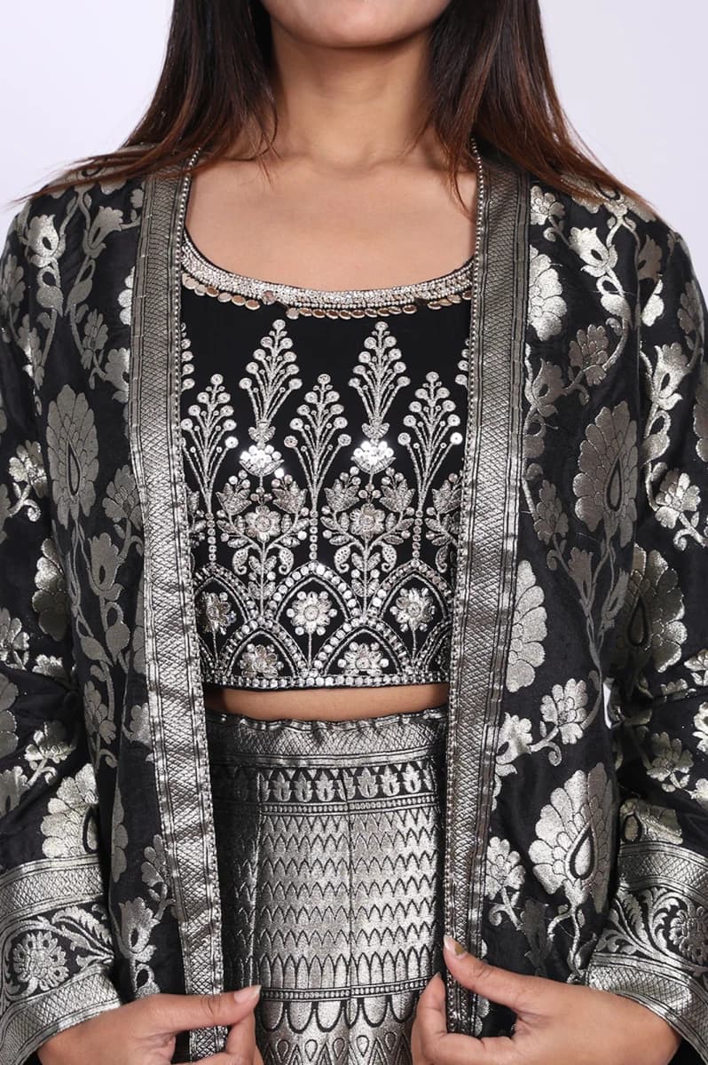 Aurelia Black Jacquard Sequins Zari Work Straight Crop Top with Skirt and Jacket Set - S / Silver image 2