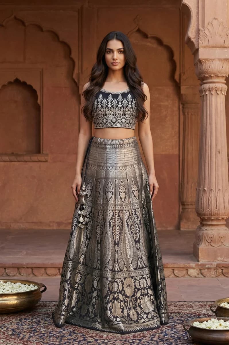 Aurelia Black Jacquard Sequins Zari Work Straight Crop Top with Skirt and Jacket Set - S / Silver image 3