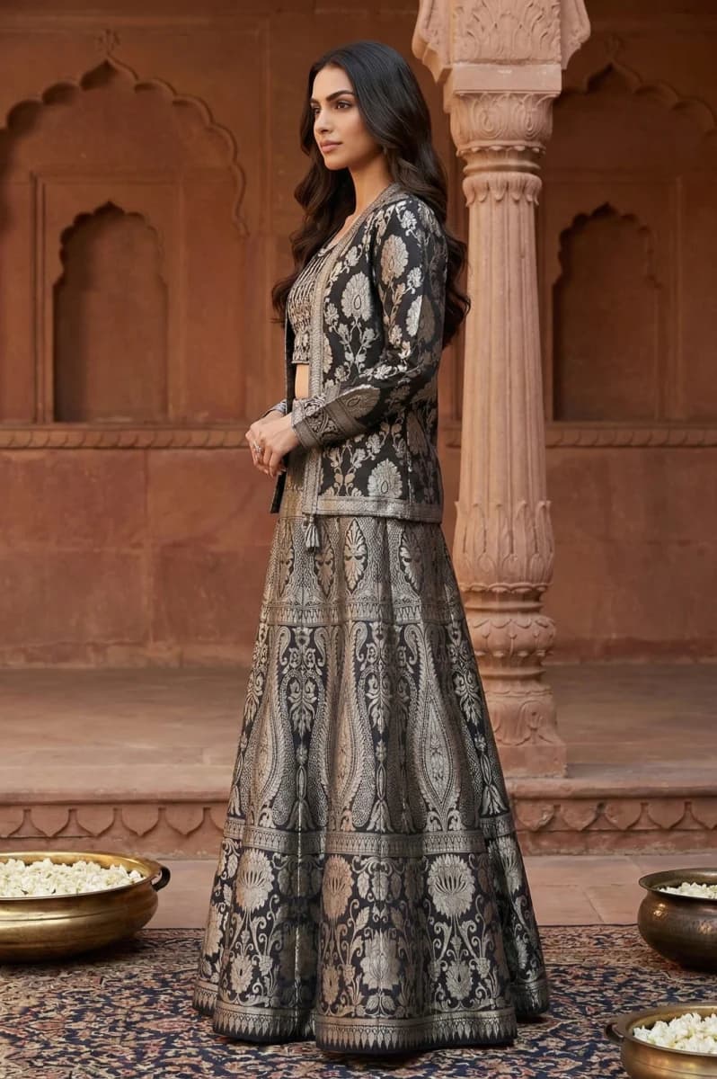 Aurelia Black Jacquard Sequins Zari Work Straight Crop Top with Skirt and Jacket Set - S / Silver image 4